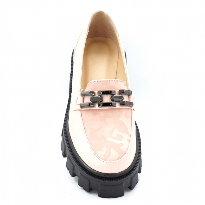 Pantofi dama casual loafers din piele naturala bej roze si cu imprimeu cu varf rotund si talpa inalta 6 cm 63120-24 [5]