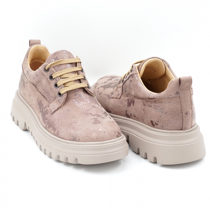 Pantofi dama casual din piele naturala bej cu insertii roze cu varf rotund si talpa 4 cm 50321-2-24 [4]