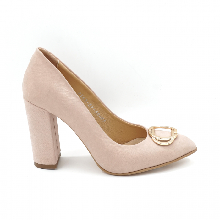 Pantofi dama din piele naturala nude roze cu varf ascutit si toc inalt gros imbracat 9 cm 50423-1-24 [3]