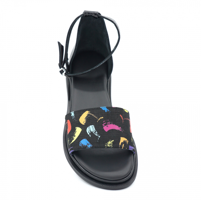 Sandale dama din piele naturala lacuita neagra si cu imprimeu multicolor cu varf rotund si talpa joasa 2 cm 4721-3-24 [5]