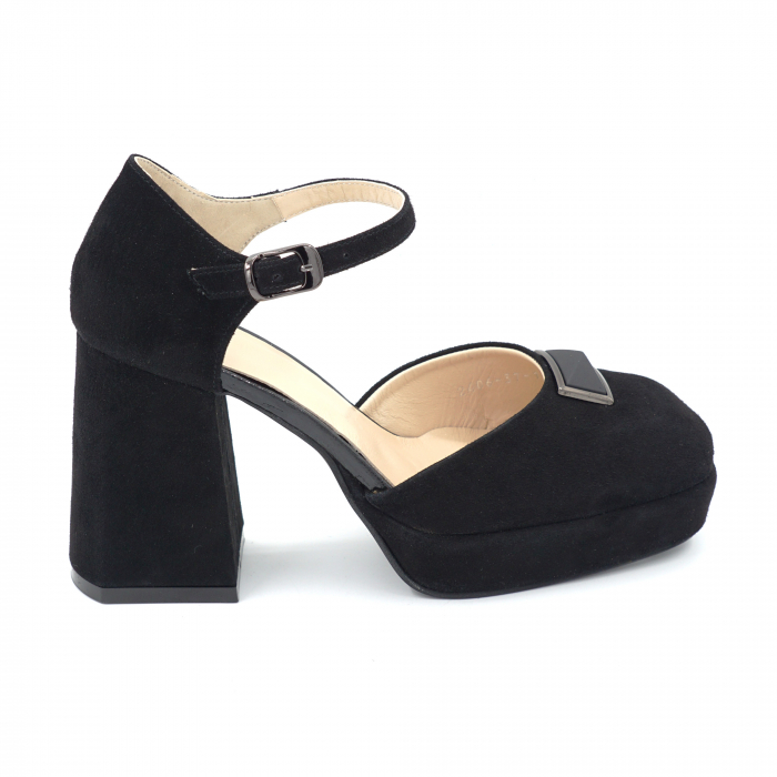 Sandale dama din piele naturala intoarsa neagra cu varf patrat, platforma 2 cm si toc inalt gros imbracat 9 cm 1053-24 [3]
