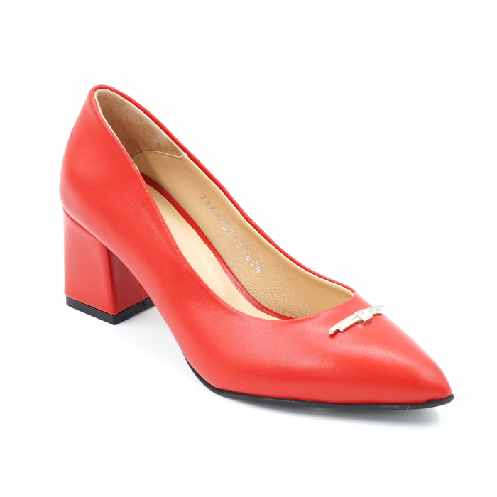 Pantofi dama din piele naturala rosie cu varf ascutit stileto si toc mic gros imbracat 6 cm 51624-2-24 [3]