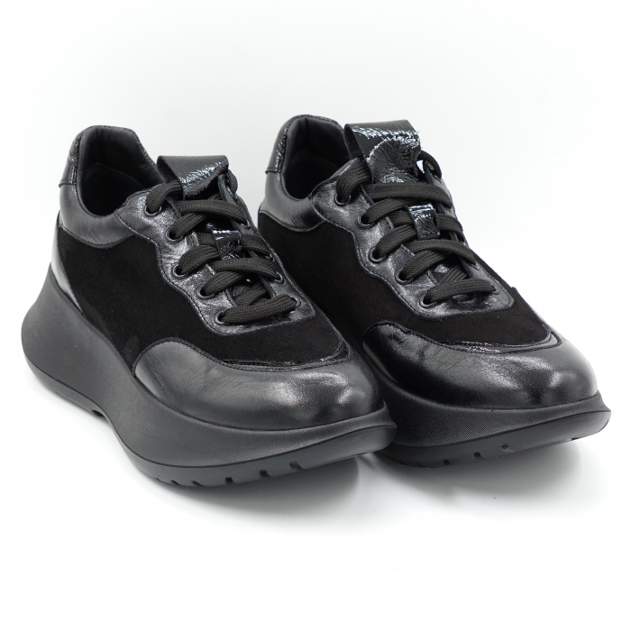 Pantofi dama tip adidas din piele naturala intoarsa si lacuita neagra cu varf rotund si talpa 4 cm  51121-9-24 [3]