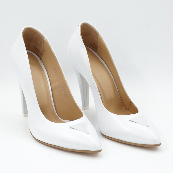 Pantofi dama din piele naturala alb box satinat cu varf ascutit stileto si toc inalt subtire 10 cm 50624-24 [2]