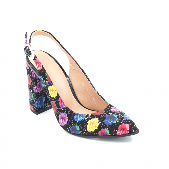 Sandale dama din piele naturala cu imprimeu floral cu varf ascutit stileto si toc inalt gros imbracat 9 cm  0124-10-24 [3]
