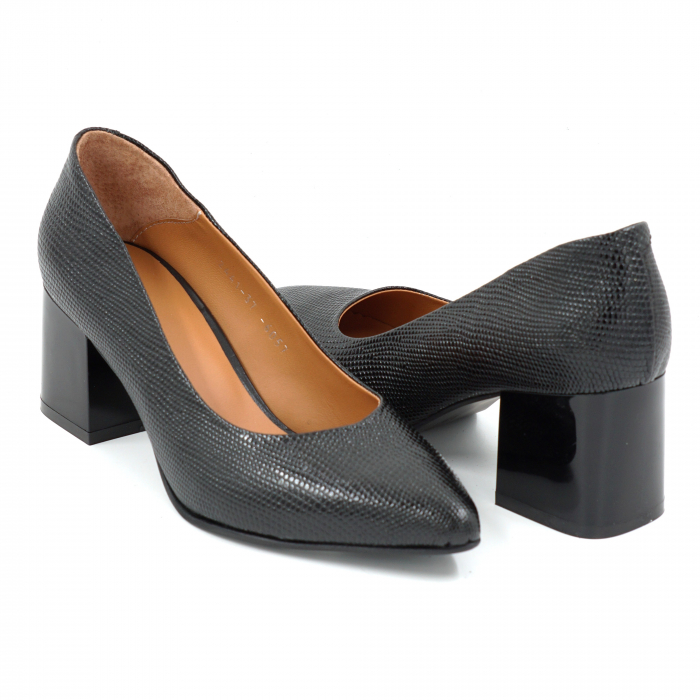 Pantofi dama din piele naturala neagra cu varf ascutit stileto si toc mic gros 6 cm  6057-1-25 [5]