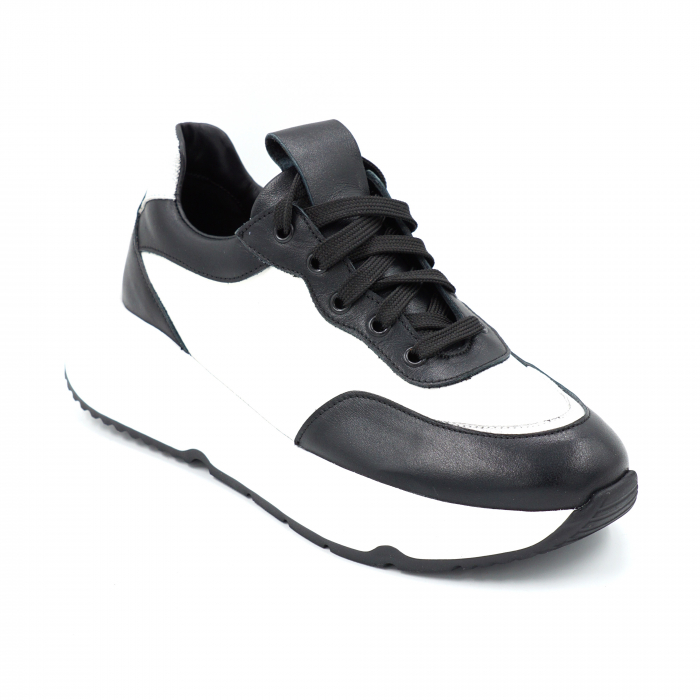 Pantofi dama tip adidas din piele naturala alba si neagra cu varf rotund si talpa 4 cm 51121-7-24 [4]
