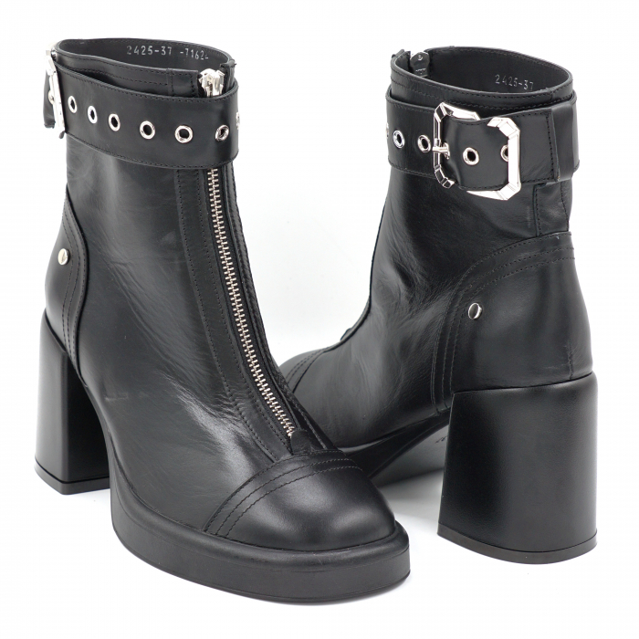 Ghete dama elegante din piele naturala neagra si accesorii metalice cu varf patrat, platforma 2 cm si toc mediu gros 8 cm 71624-24 [3]