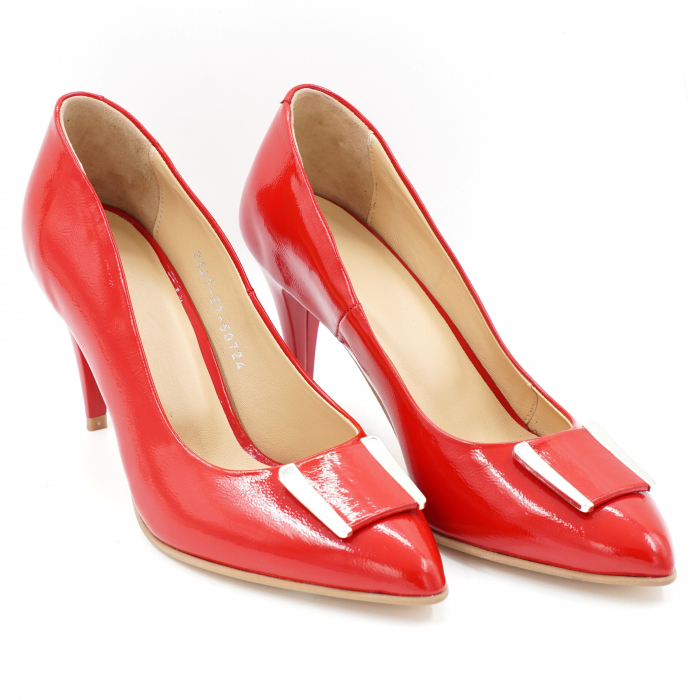 Pantofi dama din piele naturala lacuita rosie cu varf ascutit stileto si toc mediu subtire 7 cm 50724-24 [2]