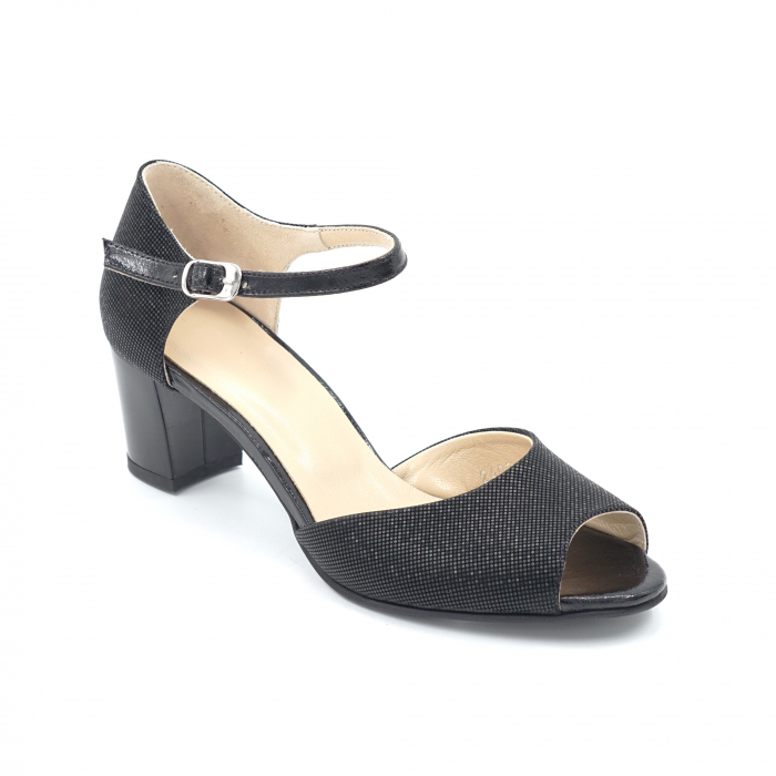 Sandale dama din piele naturala lacuita neagra si cu imprimeu negru cu varf rotund si toc mic gros 6 cm 1075-24 [2]