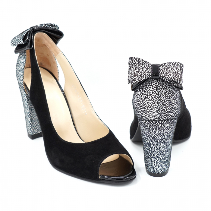 Pantofi dama decupati din piele naturala intoarsa neagra si cu imprimeu argintiu cu varf rotund si toc inalt gros 9 cm 3219-24 [5]