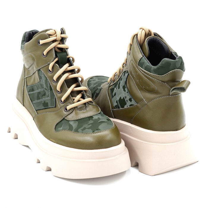 Ghete dama casual sport din piele naturala verde kaki si verde inchis smarald cu imprimeu militar 3D, cu varf rotund si talpa 5 cm 74221-23 [4]