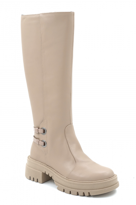 Cizme dama lungi casual din piele naturala bej si lac bej cu varf rotund, talpa 4 cm si accesorii metalice 74919-23 [4]