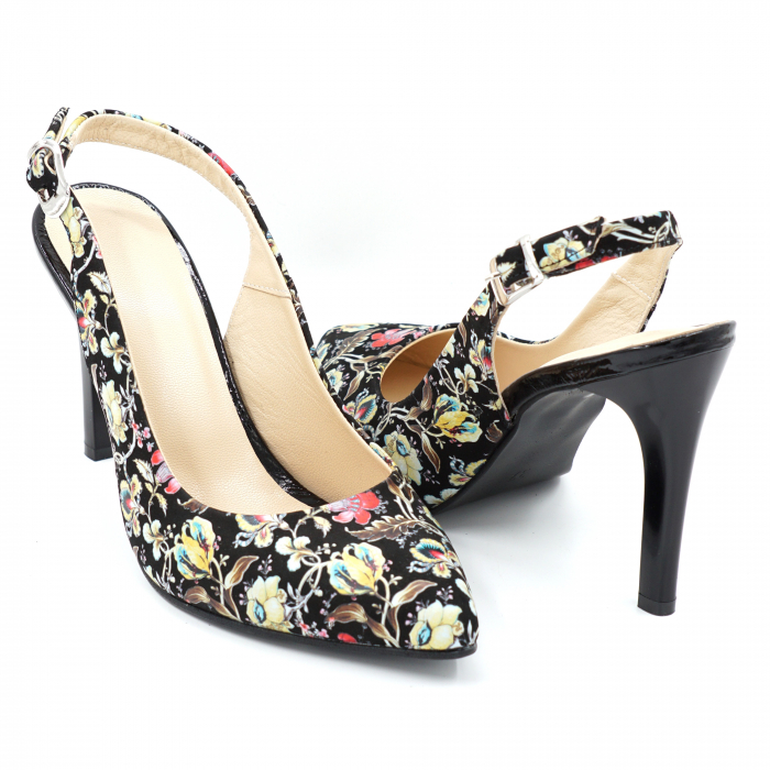 Sandale dama din piele naturala cu imprimeu floral cu varf ascutit stileto si toc inalt subtire 9 cm 0124-6-24 [4]