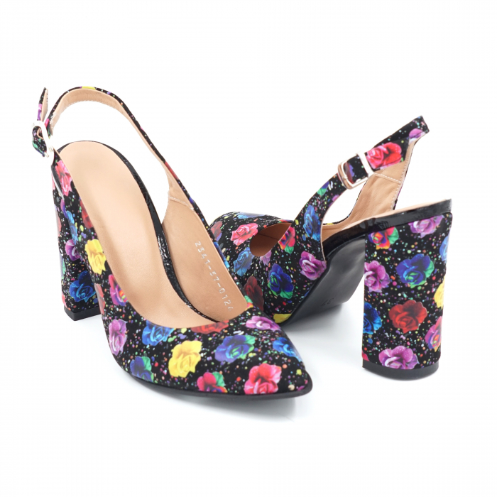 Sandale dama din piele naturala cu imprimeu floral cu varf ascutit stileto si toc inalt gros imbracat 9 cm  0124-10-24 [4]