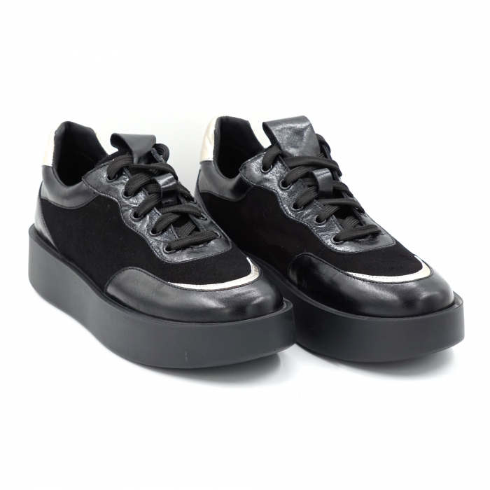 Pantofi dama tip adidas din piele naturala lacuita si intoarsa neagra si argintie cu varf rotund si talpa 4 cm  51121-6-24 [4]