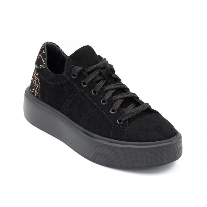 Pantofi dama tip adidas din piele naturala intoarsa neagra si cu imprimeu multicolor cu varf rotund si talpa 5 cm  50621-2-24 [2]