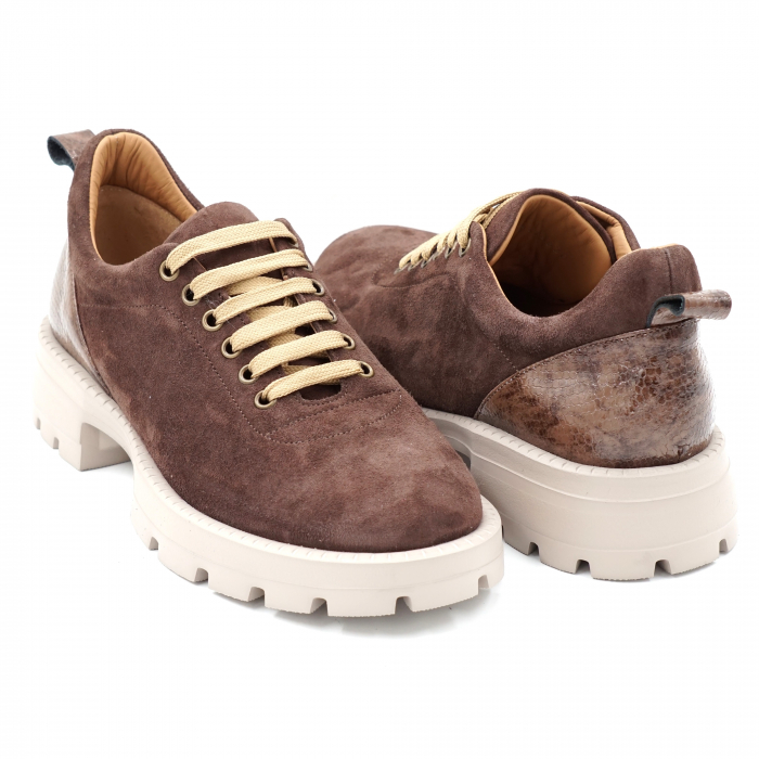Pantofi dama casual din piele naturala intoarsa maro si croco sidefat aramiu cu varf rotund si talpa 3 cm  56620-1-24 [4]