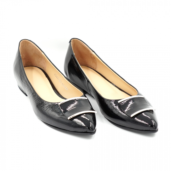 Pantofi dama tip balerini din piele naturala lacuita neagra cu varf ascutit stileto si toc mic gros imbracat 1 cm 51424-24 [4]