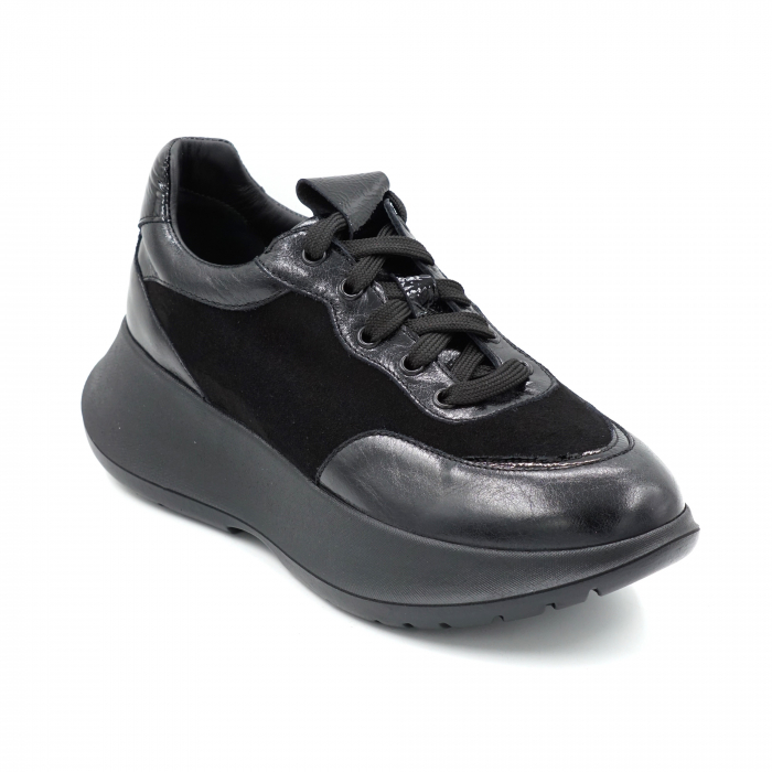 Pantofi dama tip adidas din piele naturala intoarsa si lacuita neagra cu varf rotund si talpa 4 cm  51121-9-24 [2]