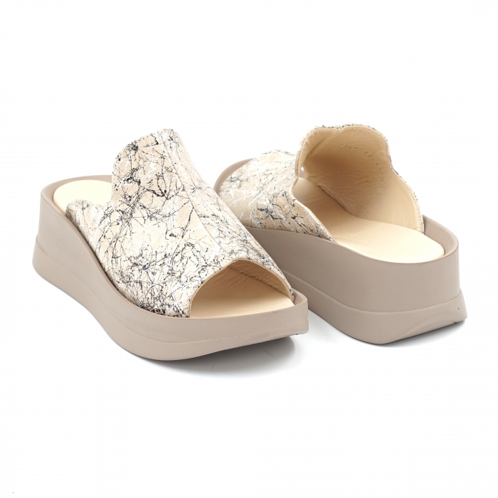 Papuci dama din piele naturala nude bej cu imprimeu cu varf rotund si talpa inalta 6 cm 1120-2-24 [3]