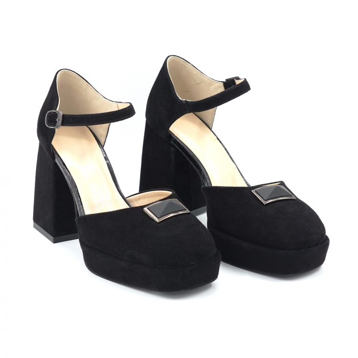 Sandale dama din piele naturala intoarsa neagra cu varf patrat, platforma 2 cm si toc inalt gros imbracat 9 cm 1053-24 [2]