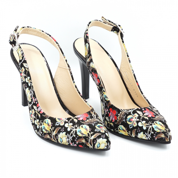 Sandale dama din piele naturala cu imprimeu floral cu varf ascutit stileto si toc inalt subtire 9 cm 0124-6-24 [3]