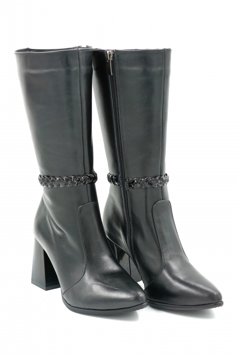 Cizme dama elegante scurte din piele naturala neagra cu varf ascutit stileto si toc mediu gros 8 cm 72018-4-23 [3]