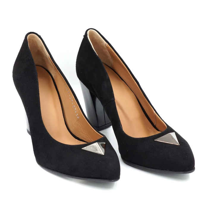 Pantofi dama din piele naturala intoarsa neagra cu varf ascutit si toc mediu gros 8 cm 50624-1-24 [2]
