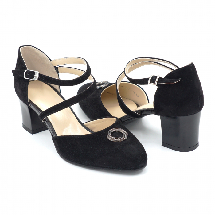 Sandale dama din piele naturala intoarsa neagra cu varf semirotund si toc mic gros 6 cm 1068-24 [1]