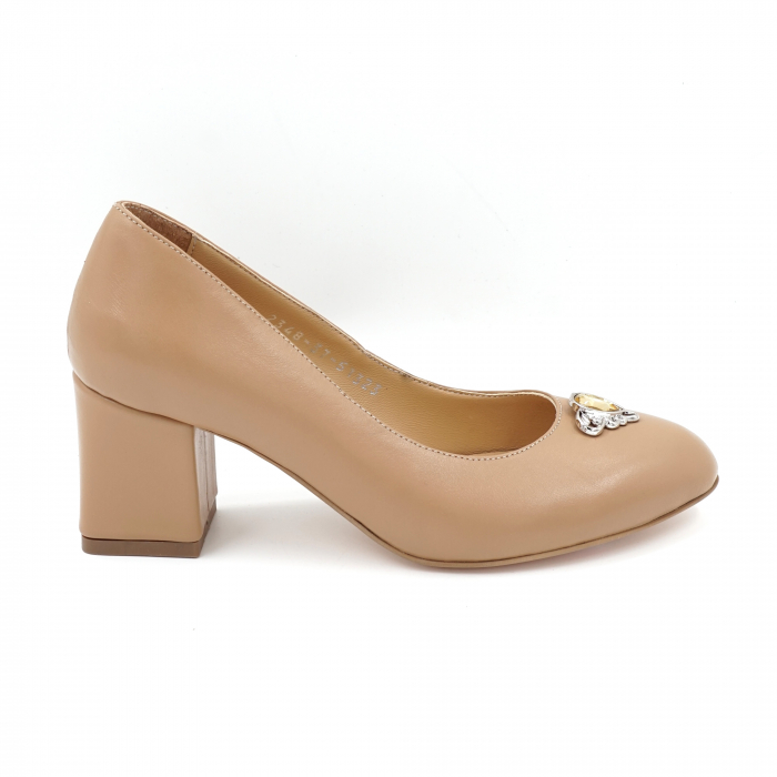 Pantofi dama din piele naturala bej maroniu cu varf rotund si toc mic gros imbracat 6 cm 51324-2-24 [4]