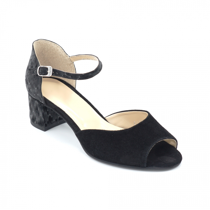 Sandale dama din piele naturala intoarsa neagra si cu imprimeu 3D negru cu varf rotund si toc mic gros 5 cm 1065-6-24 [2]