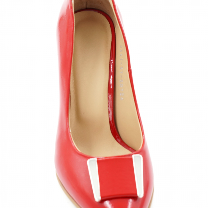 Pantofi dama din piele naturala lacuita rosie cu varf ascutit stileto si toc mediu subtire 7 cm 50724-24 [5]