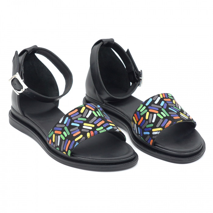 Sandale dama din piele naturala lacuita neagra si cu imprimeu multicolor, cu varf rotund si talpa joasa 2 cm 4721-4-24 [3]