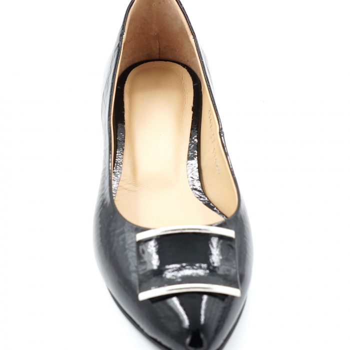 Pantofi dama tip balerini din piele naturala lacuita neagra cu varf ascutit stileto si toc mic gros imbracat 1 cm 51424-24 [5]