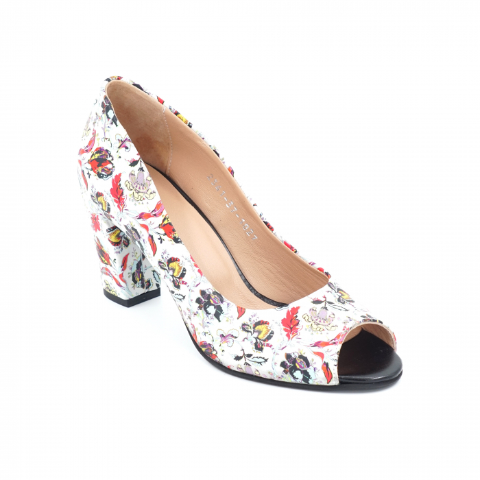 Pantofi dama decupati din piele intoarsa imprimeu floral cu varf rotund si toc mediu gros imbracat 7 cm 1027-2-24 [2]