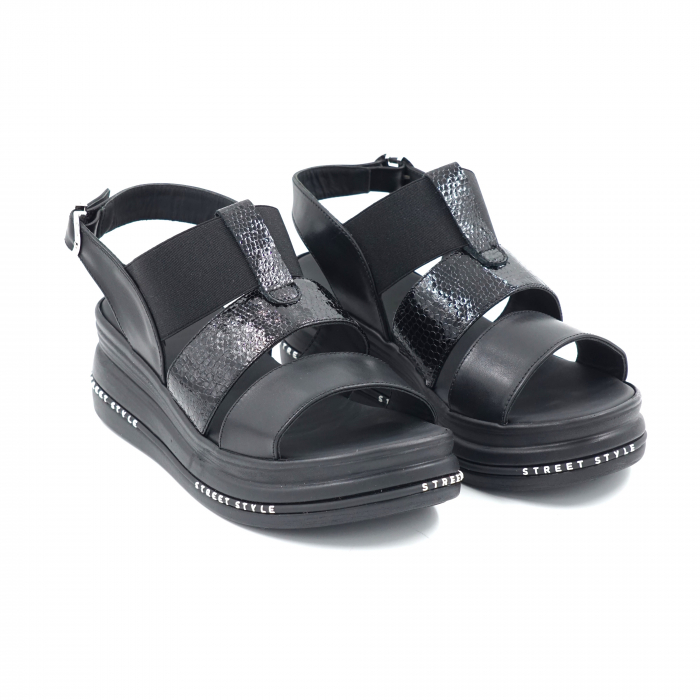 Sandale dama din piele naturala neagra si lac negru cu varf rotund si talpa inalta 6 cm 2321-1-24 [5]