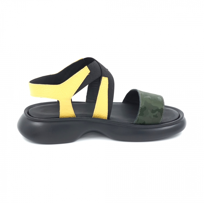Sandale dama din piele naturala galben bizonat si verde inchis cu imprimeu militar cu varf rotund si talpa joasa 4 cm 1721-24 [3]