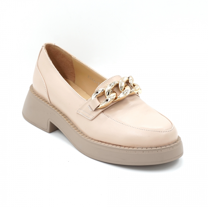 Pantofi dama casual loafers din piele naturala bej roze cu varf rotund si talpa de 3 cm 63420-24 [2]
