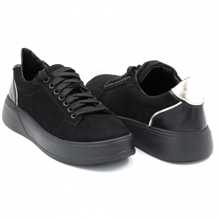Pantofi dama tip adidas din piele naturala intoarsa neagra si argintie cu varf rotund si talpa 3 cm 63621-24 [4]