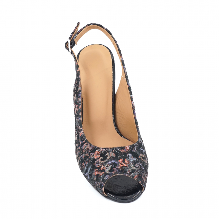 Sandale dama din piele naturala cu imprimeu floral cu varf rotund si toc mic gros 5 cm 1026-11-24 [5]