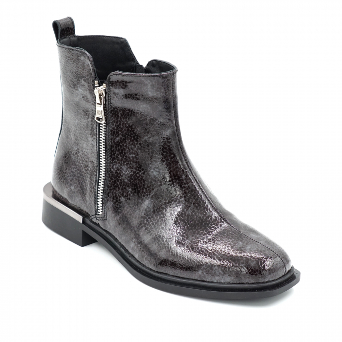 Ghete dama casual din piele naturala lacuita croc gri cu negru, cu fermoar metalic, cu varf rotund si talpa 3 cm  74921-23 [2]