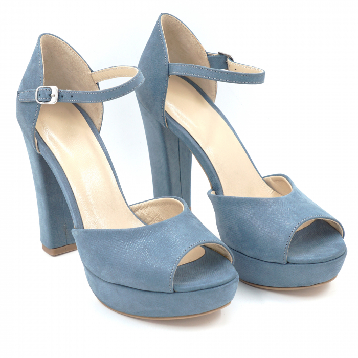 Sandale dama din piele naturala albastru deschis bleu metalizat cu varf rotund, platforma 2 cm si toc inalt gros imbracat 11 cm 1065-4-24 [3]