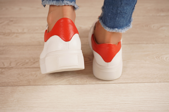 Pantofi dama tip adidas din piele naturala alba si corai bizonate cu varf rotund si talpa 3 cm  57720-20 [5]