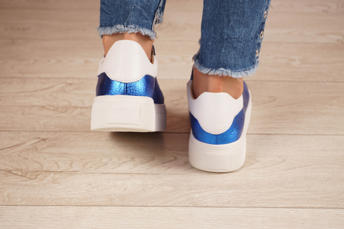Pantofi dama tip adidas  din piele naturala albastru metalizat si alba cu varf rotund si talpa 3 cm 62020-21 [5]
