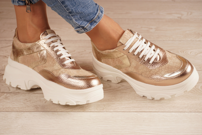Pantofi dama tip adidas din piele naturala aurie si bej cu imprimeu, cu varf rotund si talpa 5 cm 50221-21 [6]