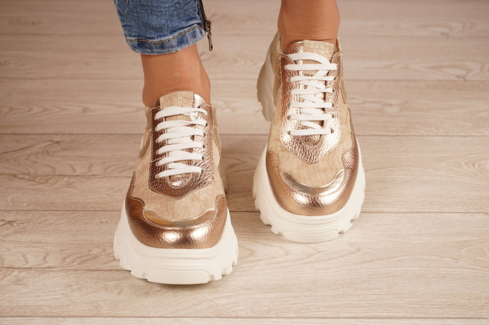 Pantofi dama tip adidas din piele naturala aurie si intoarsa bej cu imprimeu cu varf rotund si talpa 5 cm 50221-21 [5]