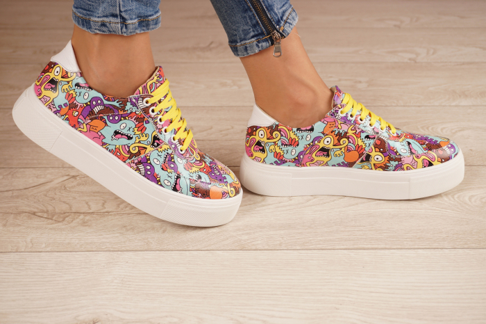 Pantofi dama tip adidas din piele naturala cu imprimeu desen colorat cu varf rotund si talpa 3 cm 62120-21 [2]