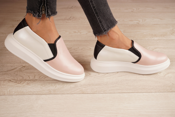 Pantofi  dama tip adidas din piele naturala roz pudra, lac negru si alb cu varf rotund si talpa 3 cm  54521-21 [3]