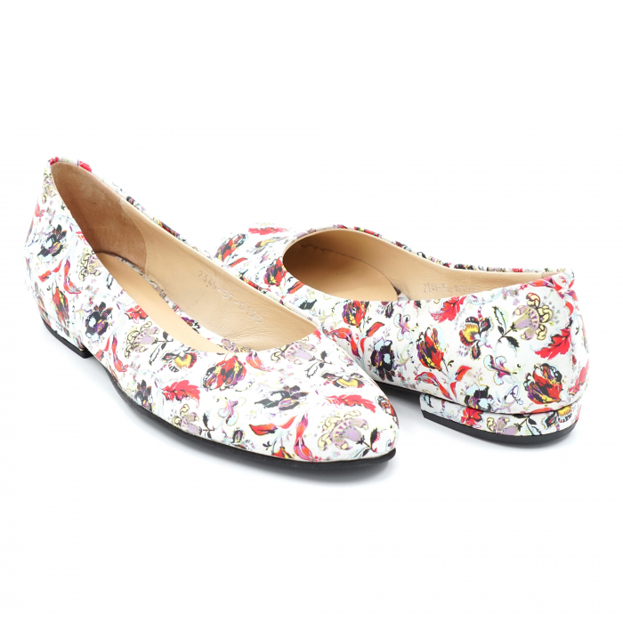 Pantofi dama tip balerini din piele naturala cu imprimeu floral cu varf rotund si toc mic gros imbracat 1 cm 0125-24 [2]
